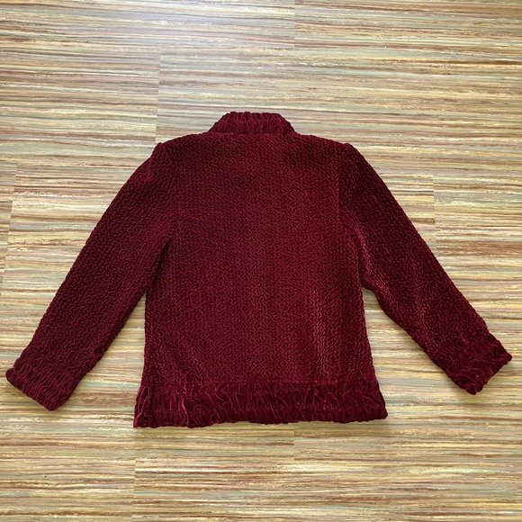Burgundy Crushed Velvet Cardigan Jacket Ruched Texture Vintage Jeune Jeunesse - Picture 5 of 8
